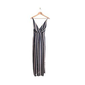 Hommage Deep V-Neck Striped Jumpsuit Black Tie Side Slit Women's S Back Zip